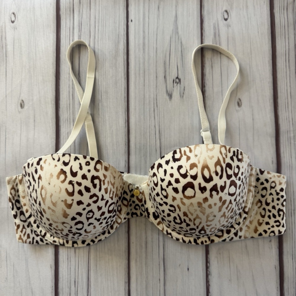 Victoria's Secret Leopard Strapless Bra 36B Lined Convertible Studded Sexy - Picture 1 of 8